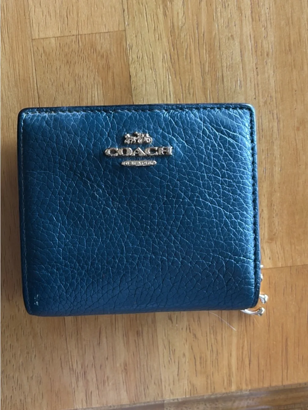 Coach Teal Pebbled Leather Zip Wallet with Gold Logo